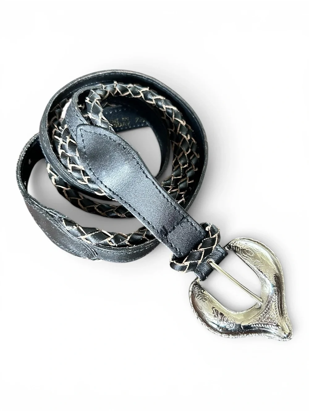 Vintage 90s Western Black Braided Leather Belt Ornate Silvertone Buckle Medium
